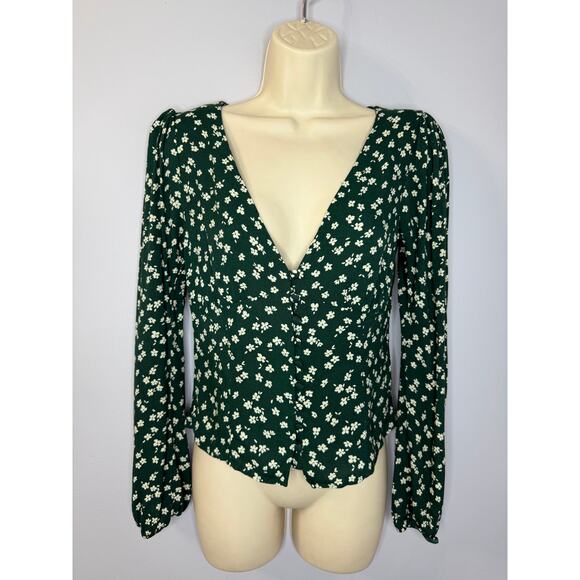 Reformation Nell Top V Neck Annette print Green Floral Long Sleeve Sz M - Picture 6 of 14